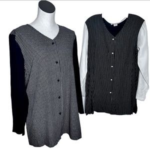 Vintage Set of 2 Womens Blouses V-Neck Button Down Blue & Green Medium